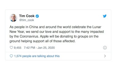 Tim Cook: Apple sẽ quyên góp để hỗ trợ nạn nhân nhiễm Coronavirus
